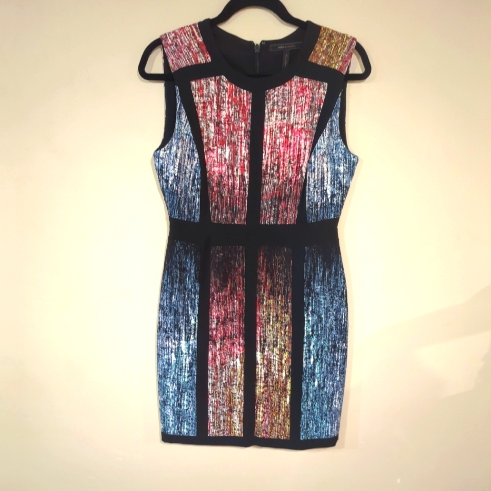 BCBGMaxAzria Multicolor Panel Sheath Dress - Red, Blue, Gold